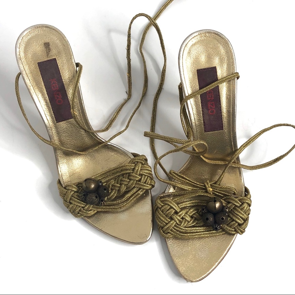 Kenzo Gold Metallic Ankle Wrap Heels 36.5